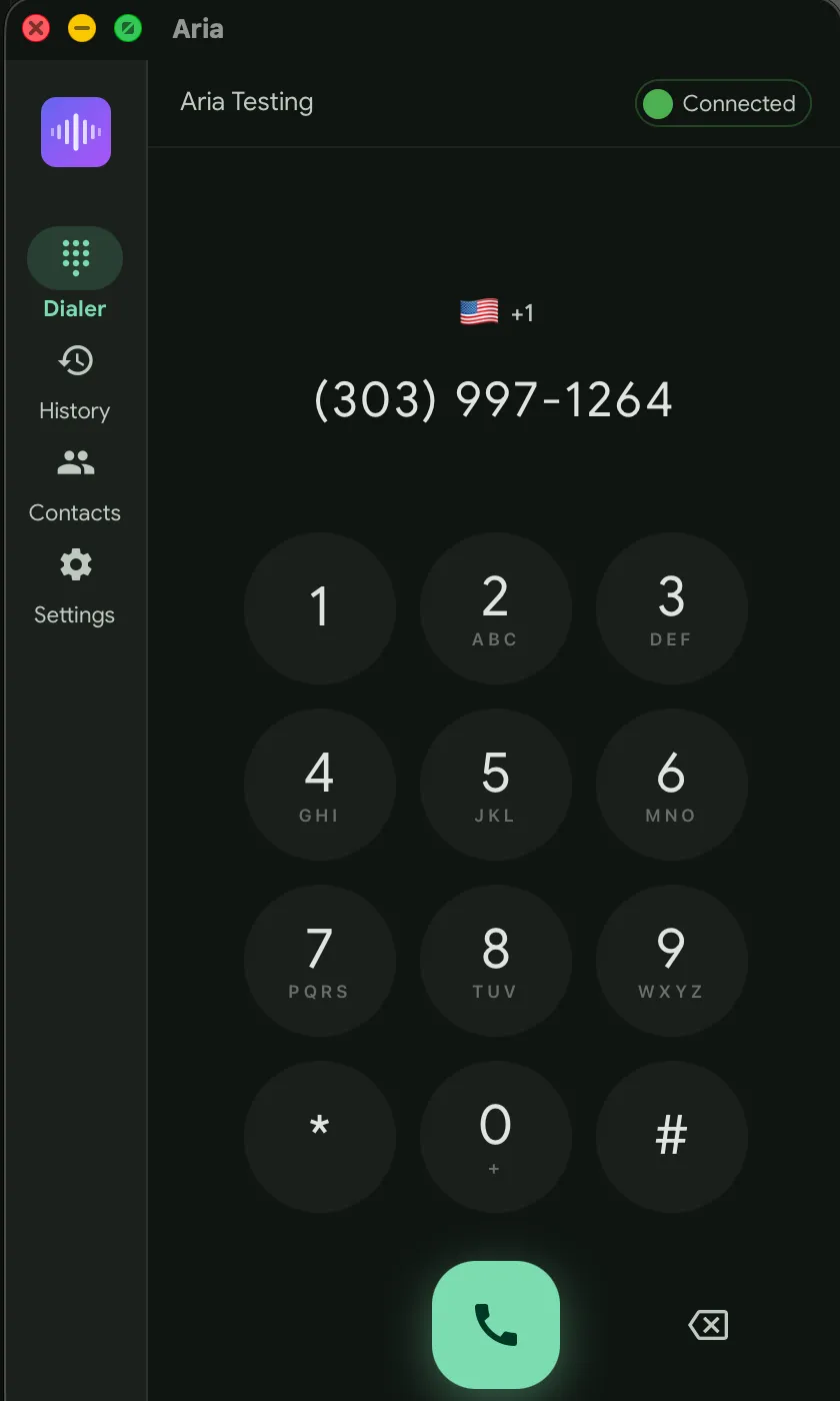 The Aria softphone connected to an AriaRoute extension